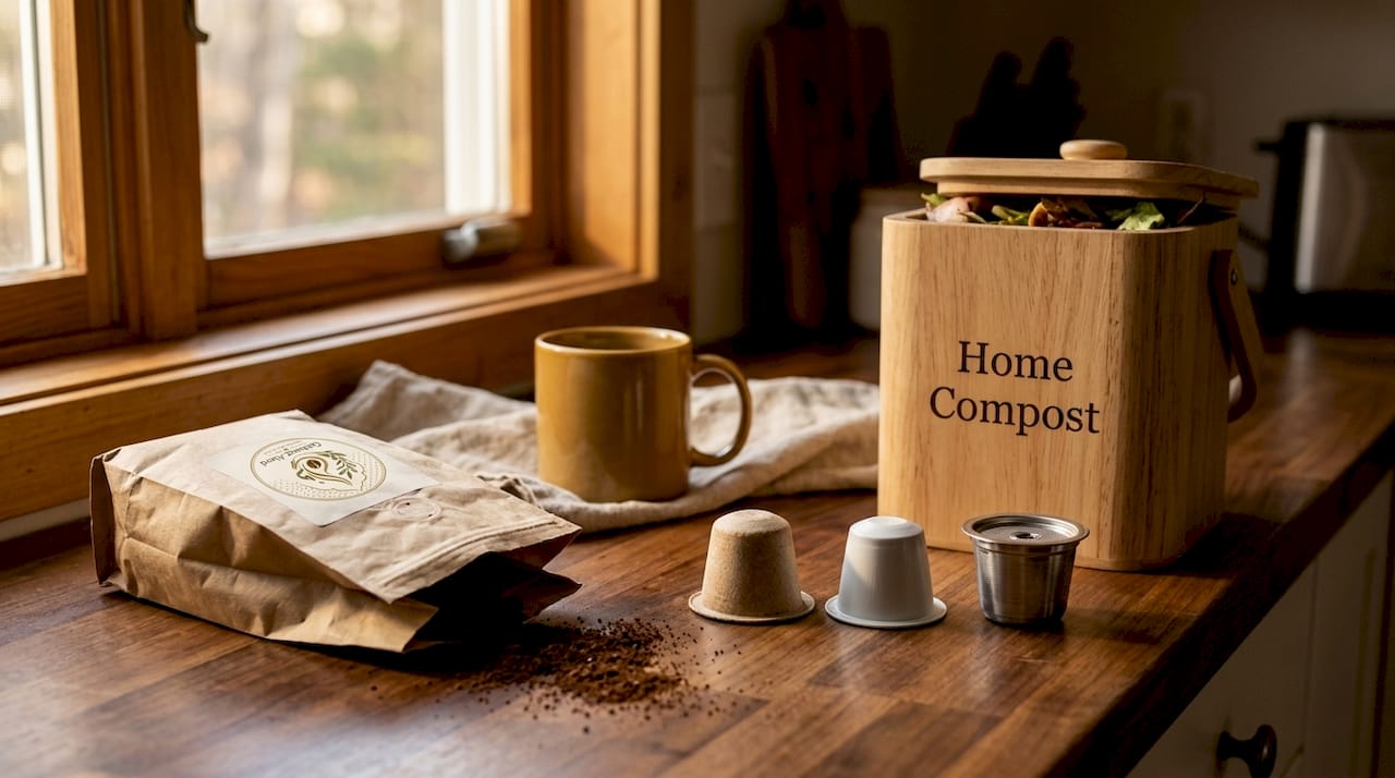 Coffee pods and compost bin in kitchen