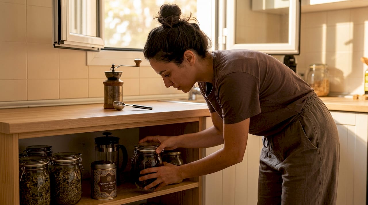 Una mujer coloca un frasco de café en la estantería.