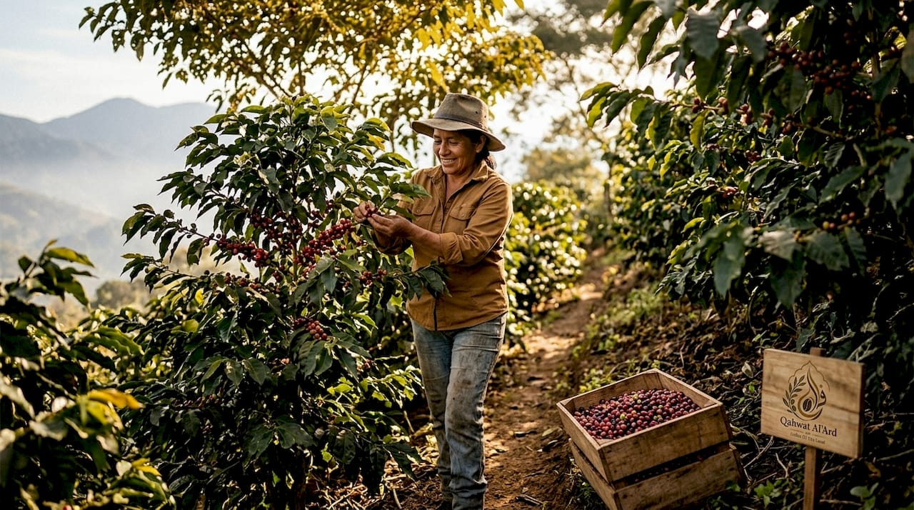 Coffee farmer inspecting beans on hillside farm