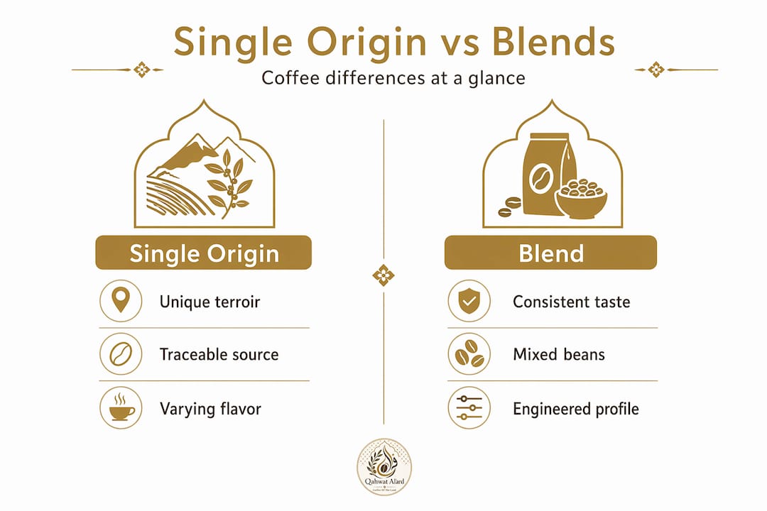 Infographic comparing single origin coffee vs blends