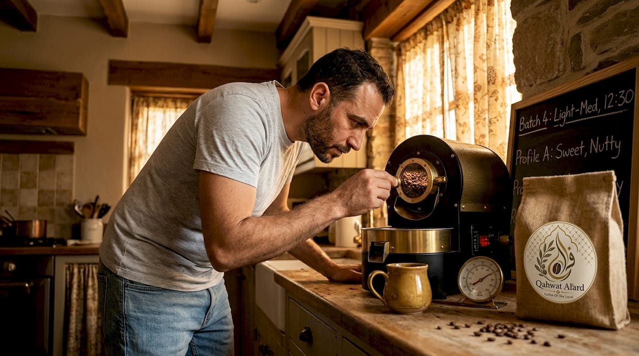 Home roaster checking coffee beans in kitchen