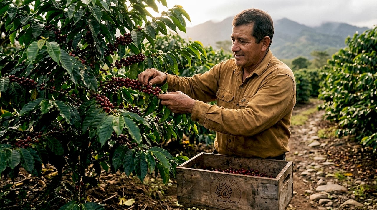 Farmer inspecting Typica coffee cherries