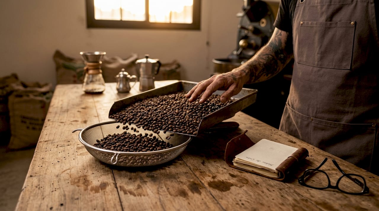 Revisando cuidadosamente granos de café de especialidad recién tostados