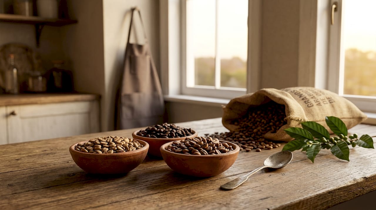 Distintas variedades de granos de café arábica presentadas en cuencos