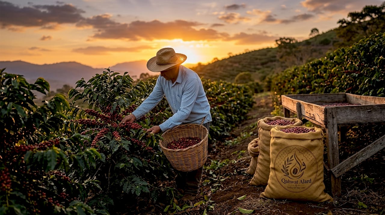 Coffee farmer picking cherries on hillside