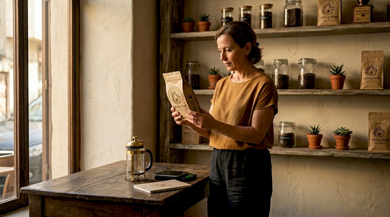 Woman inspecting coffee bag certification seals