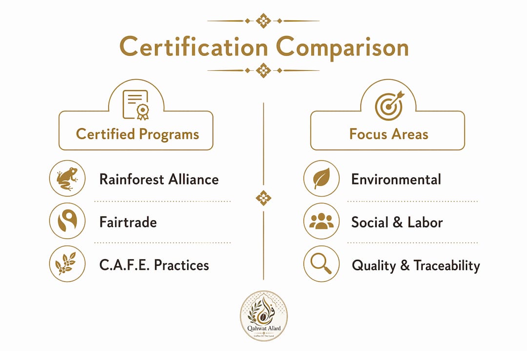 Infographic comparing coffee certifications and focus areas