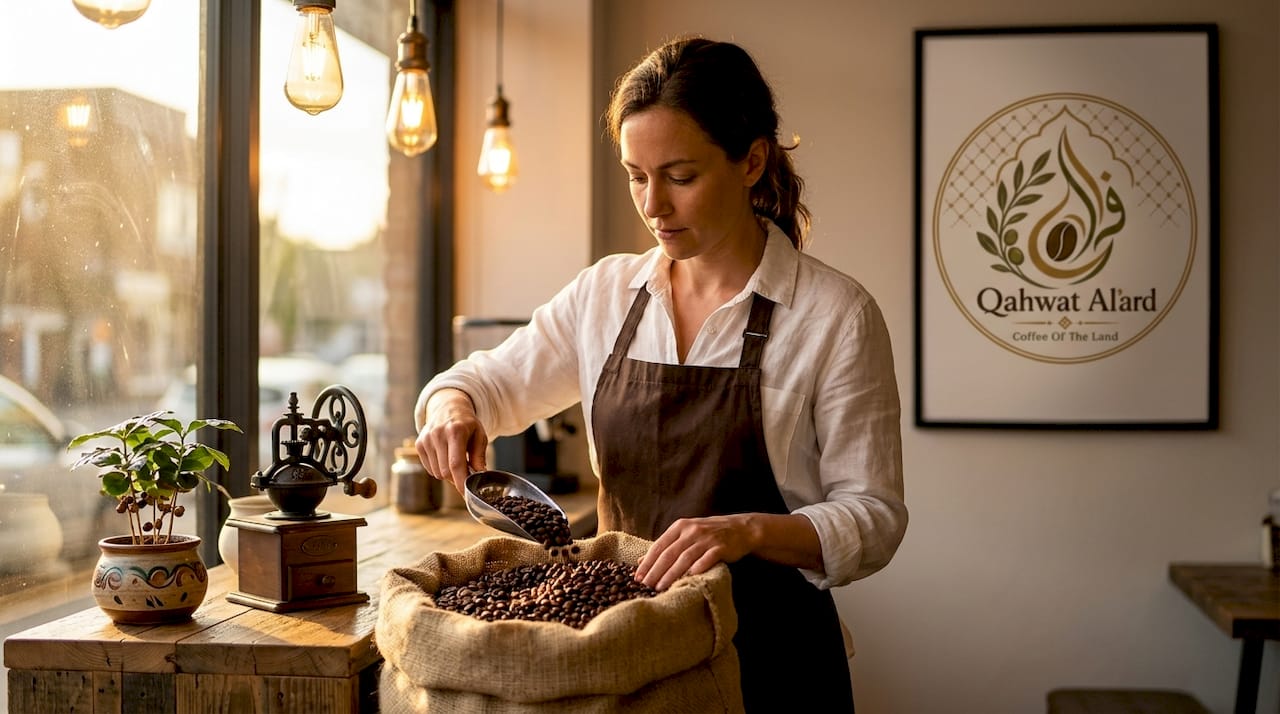 Barista scooping freshly roasted coffee beans in shop