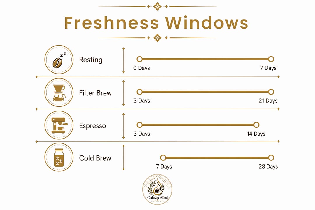Infographic illustrating ideal coffee freshness windows by brewing method