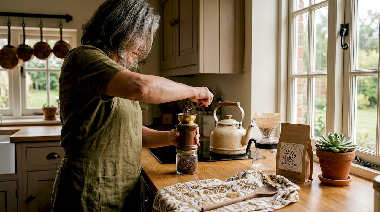 Woman grinding coffee beans in kitchen