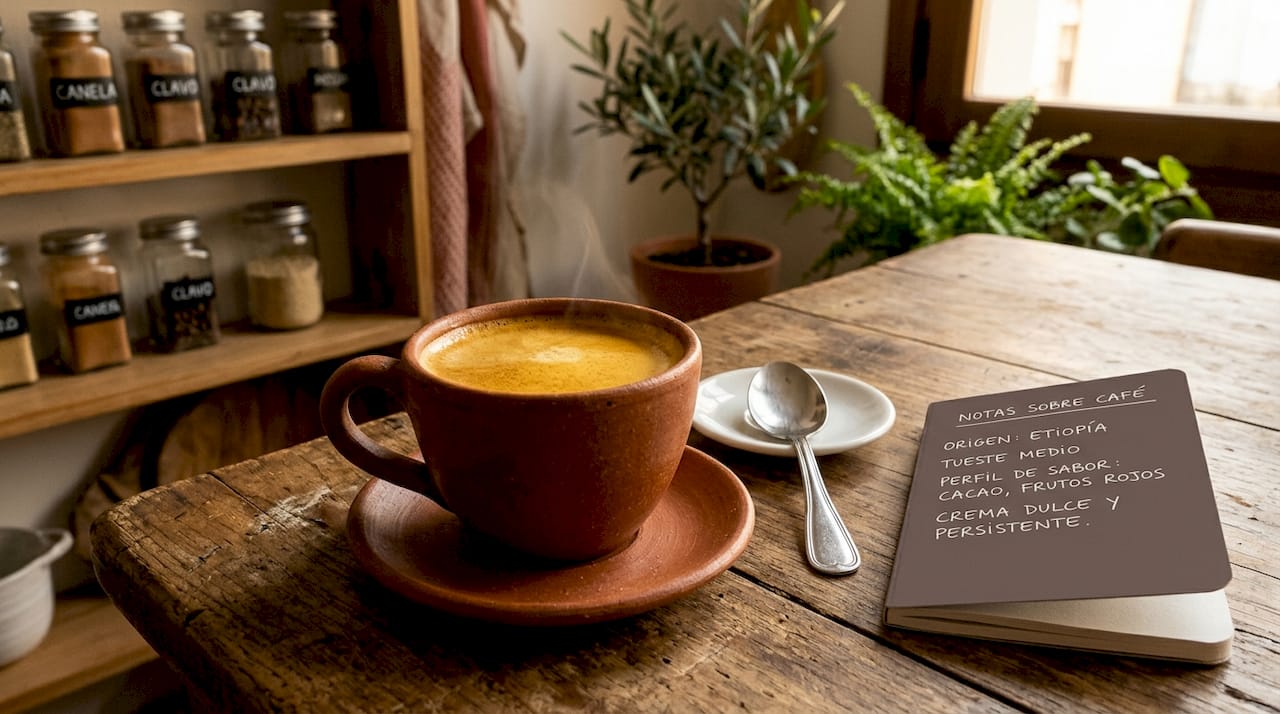 Una taza de café espresso recién servido, con una capa de crema, sobre una mesa de madera.