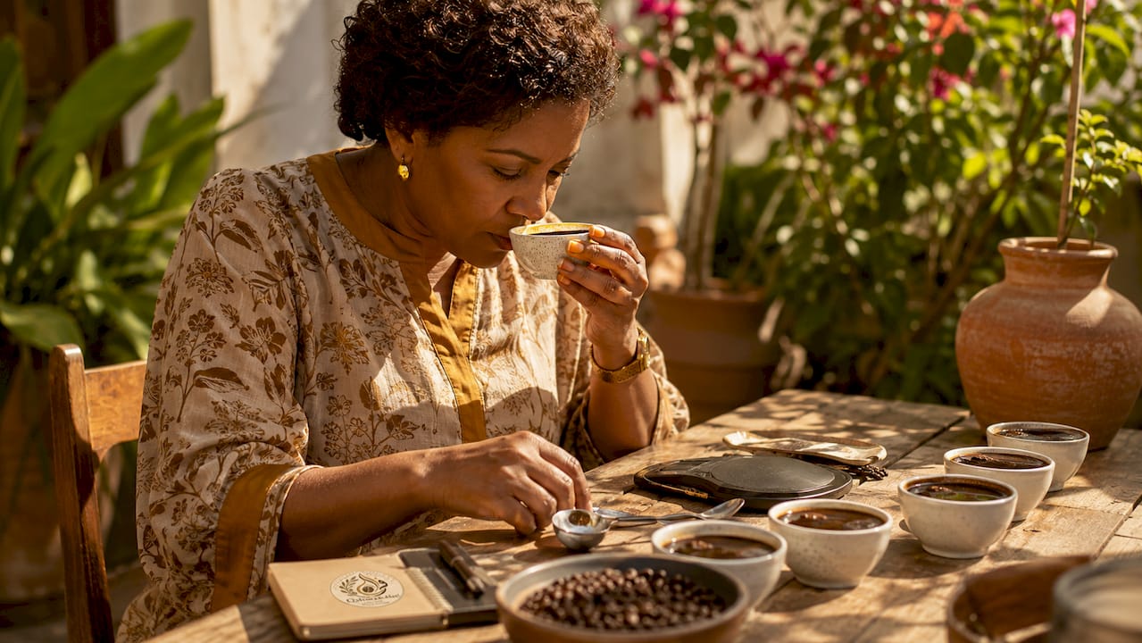 Professional coffee taster smelling Kenyan coffee cup