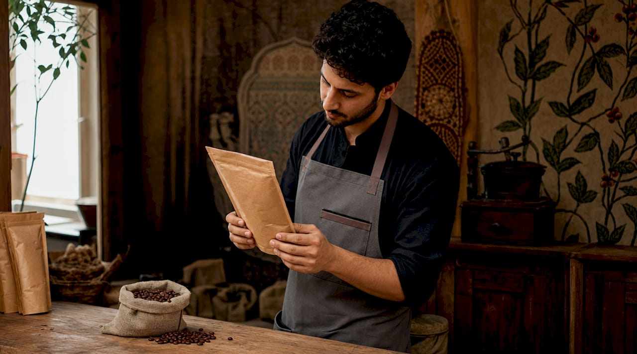 Las manos expertas del barista seleccionan cuidadosamente granos de café de especialidad.