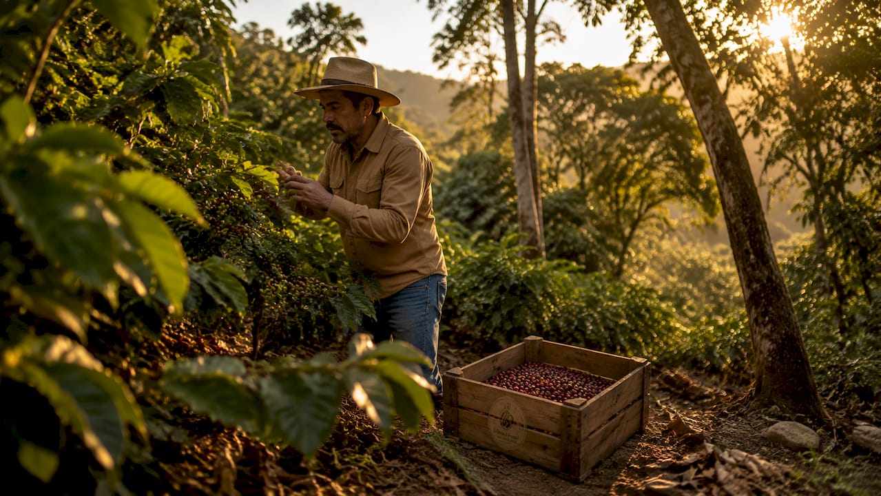 Farmer inspecting shade-grown coffee plants outdoors