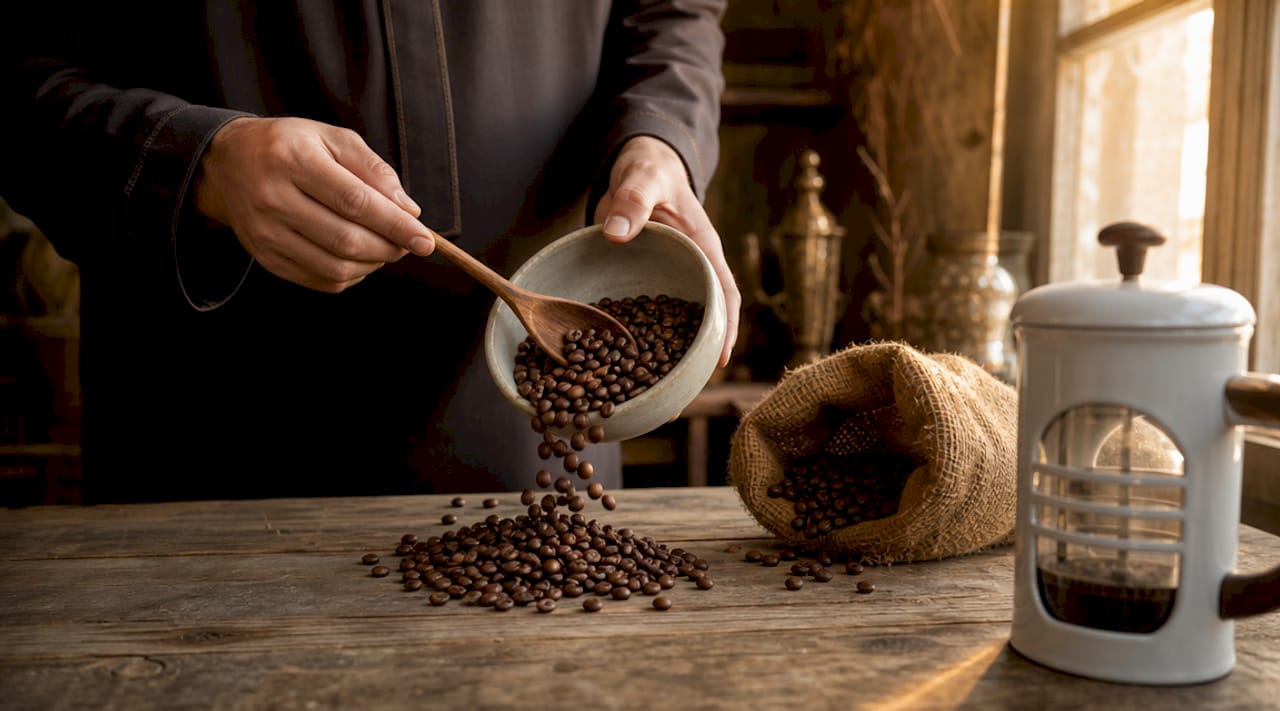 Detalle de café molido en grano grueso junto a granos de café recién tostados