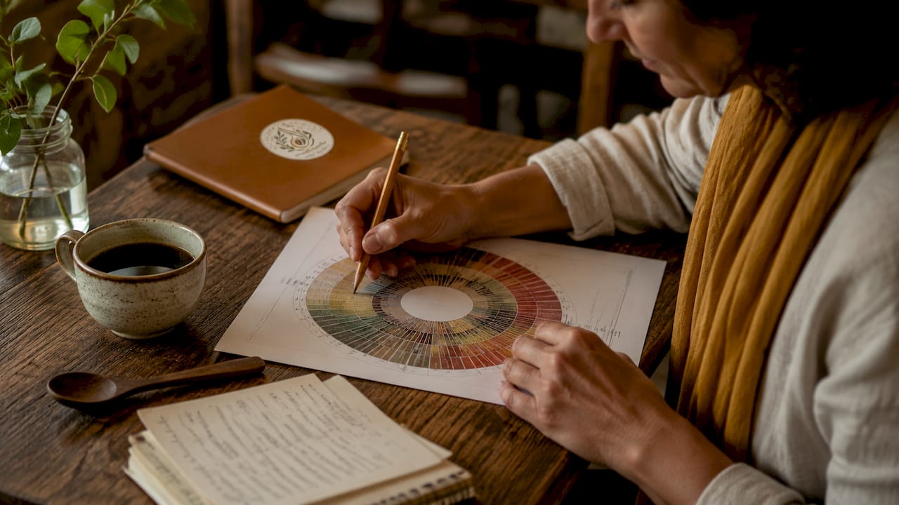 Person studying coffee flavor wheel with notes