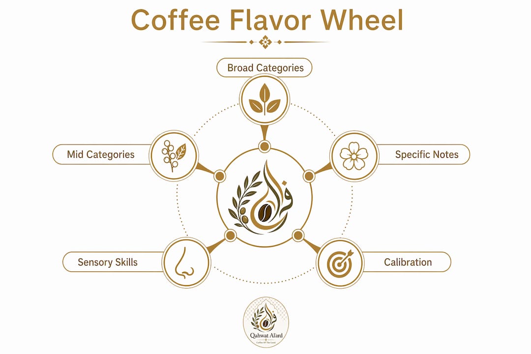 Infographic showing coffee flavor vocabulary hierarchy