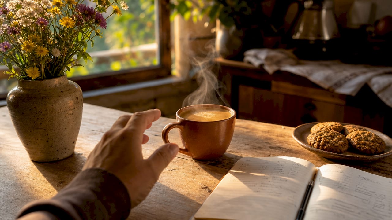 Primer plano de una taza de café espresso colombiano recién preparado sobre una mesa de madera.