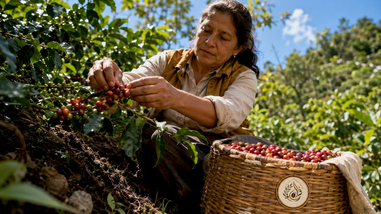 Female coffee farmer inspecting coffee cherries outdoors