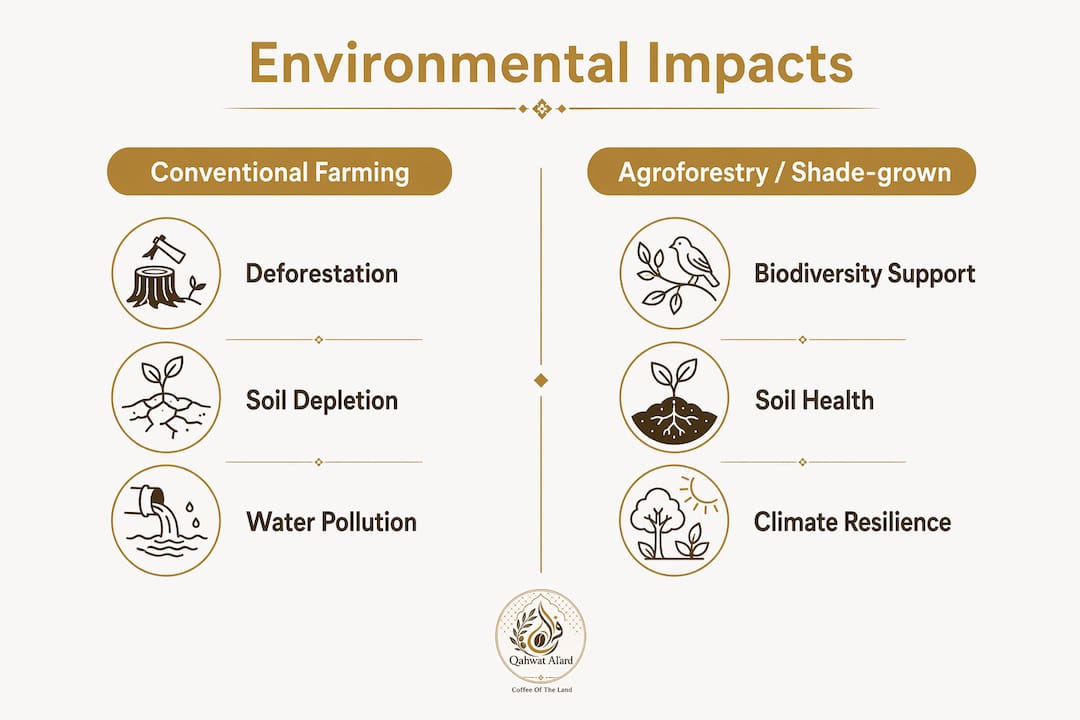 Infographic comparing environmental impacts of coffee farming methods