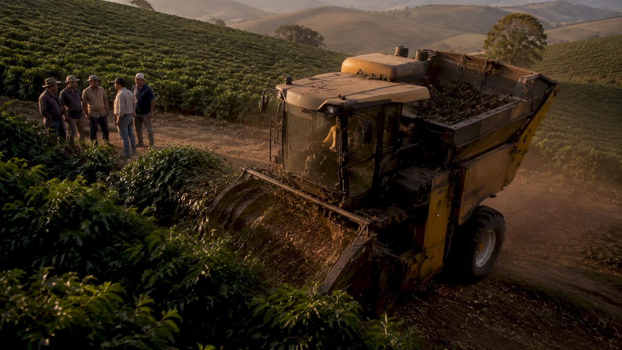 Una cosechadora realiza la recolección del café en una plantación comercial.