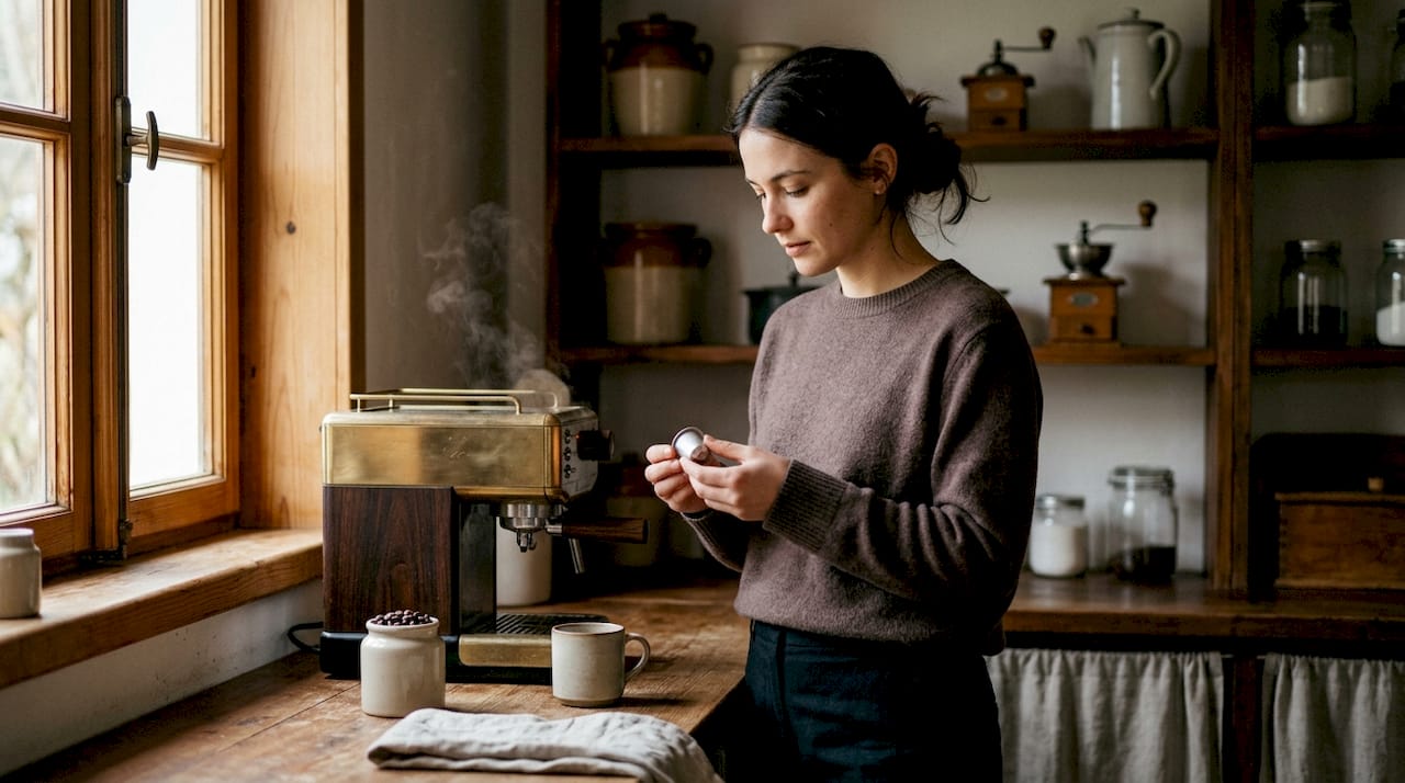 Unas manos acercan una cápsula de café a la cafetera