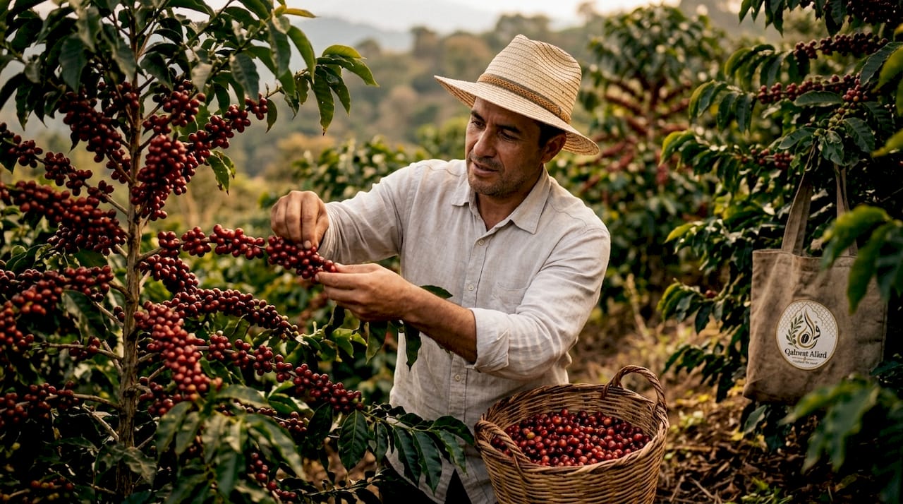 Farmer handpicking coffee cherries on hillside farm