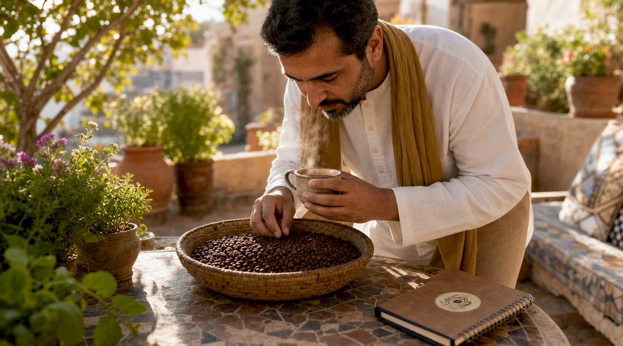 Man examining roasted coffee beans