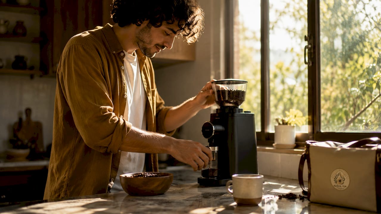 Person using burr grinder in kitchen