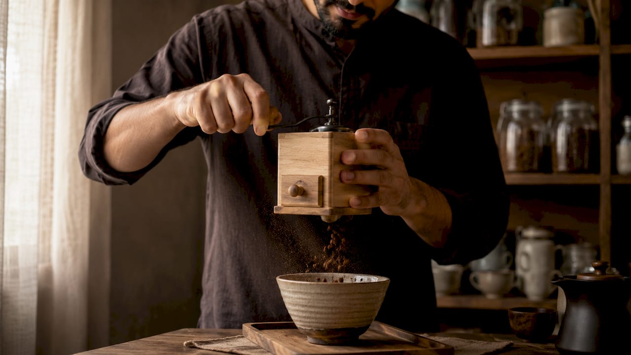 Unas manos muelen café arábica de forma artesanal