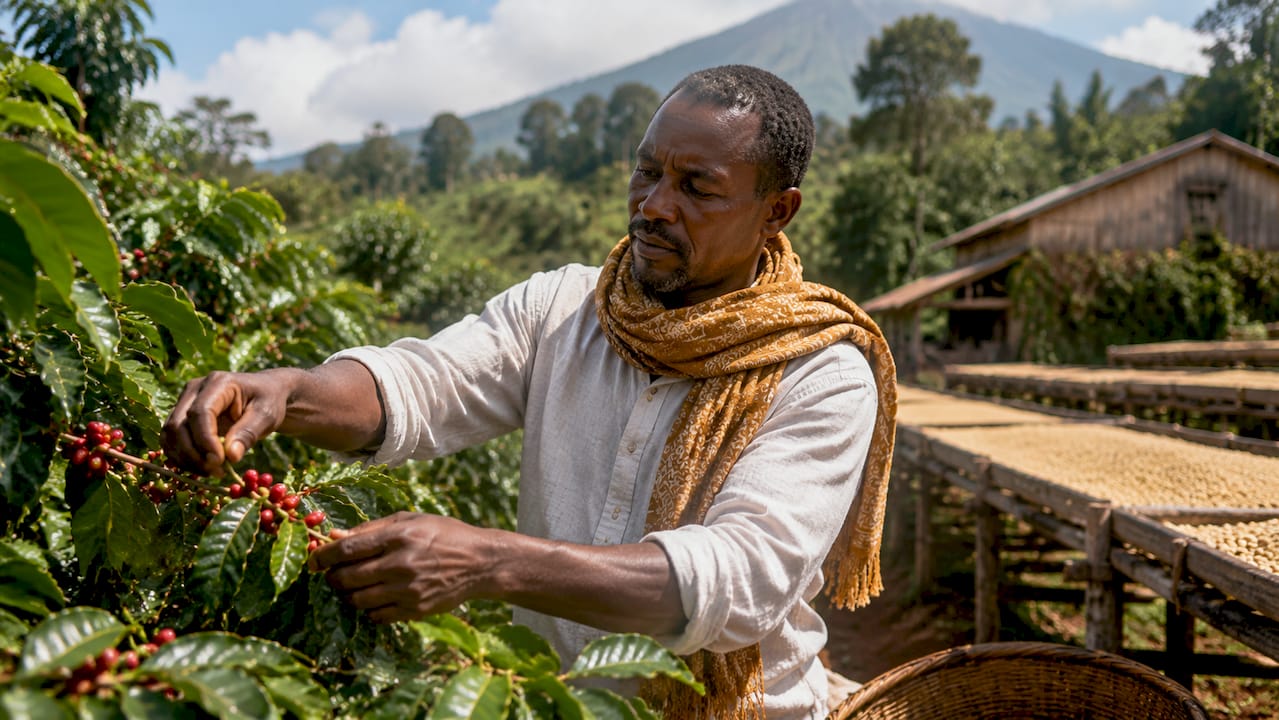Tanzanian farmer harvesting coffee cherries on Kilimanjaro slopes