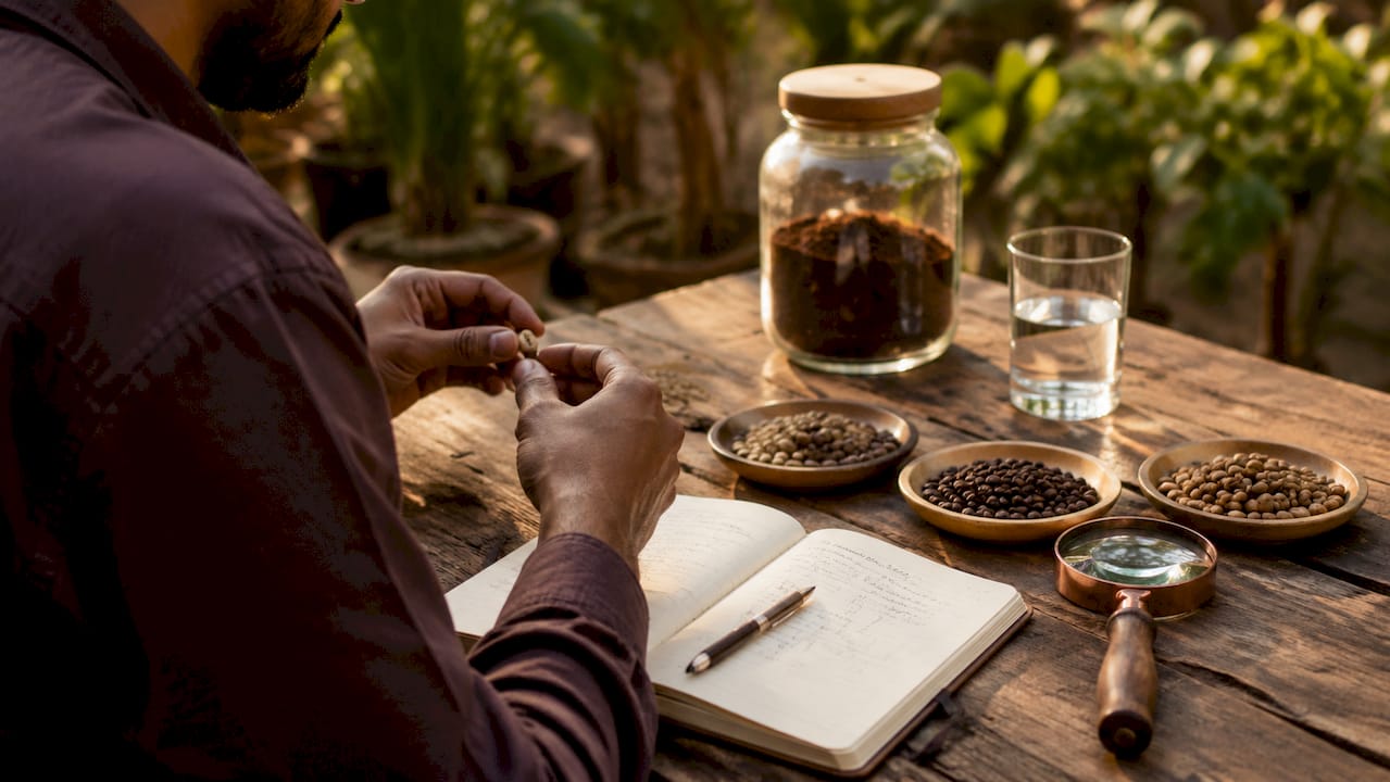 Manos inspeccionando granos de café y evaluando sus características sensoriales