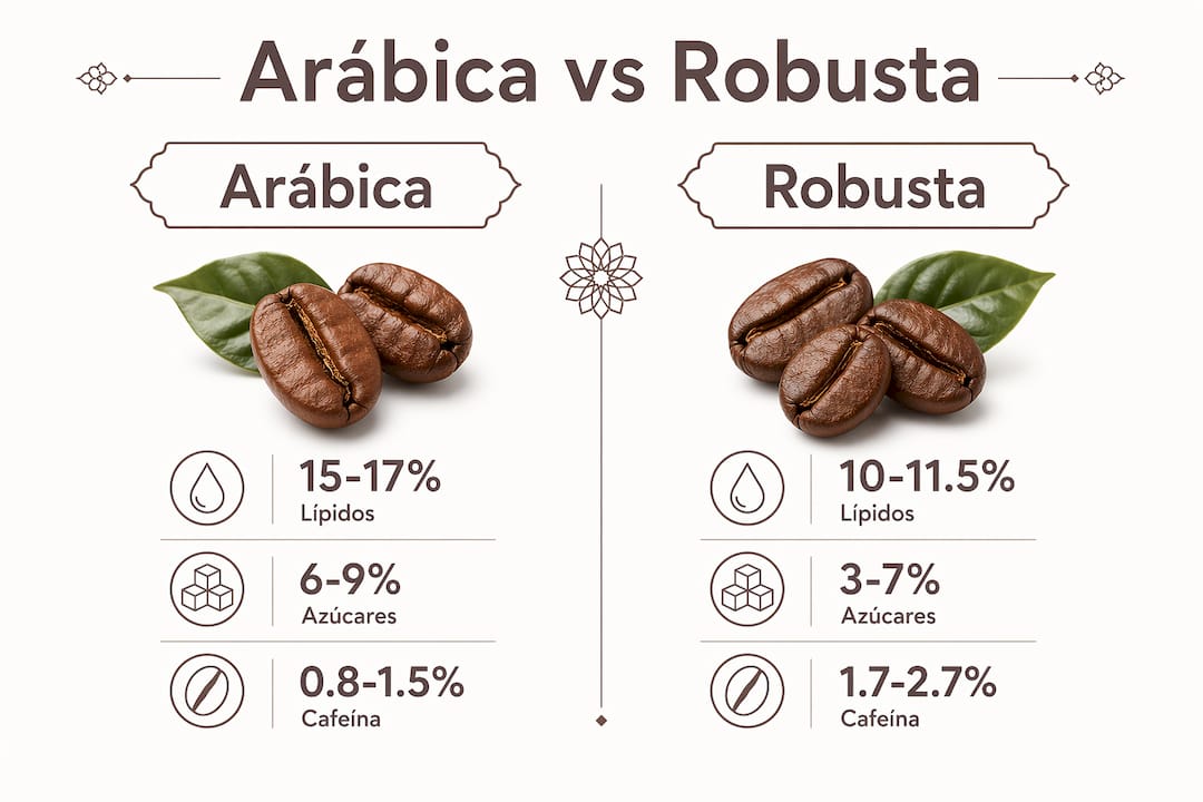 Infografía sobre las diferencias en la composición química entre el café arábica y el robusta