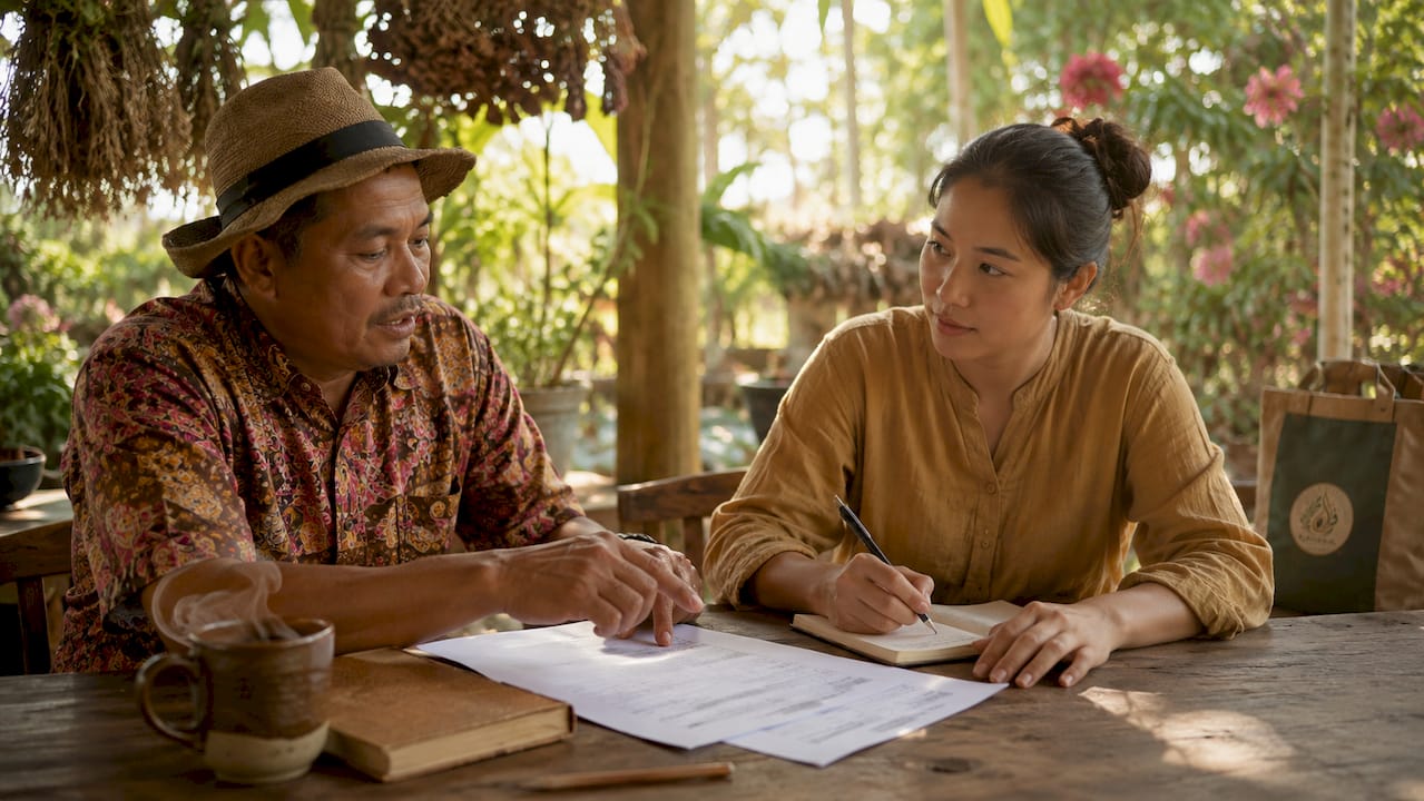 Coffee farmer and manager discussing prices