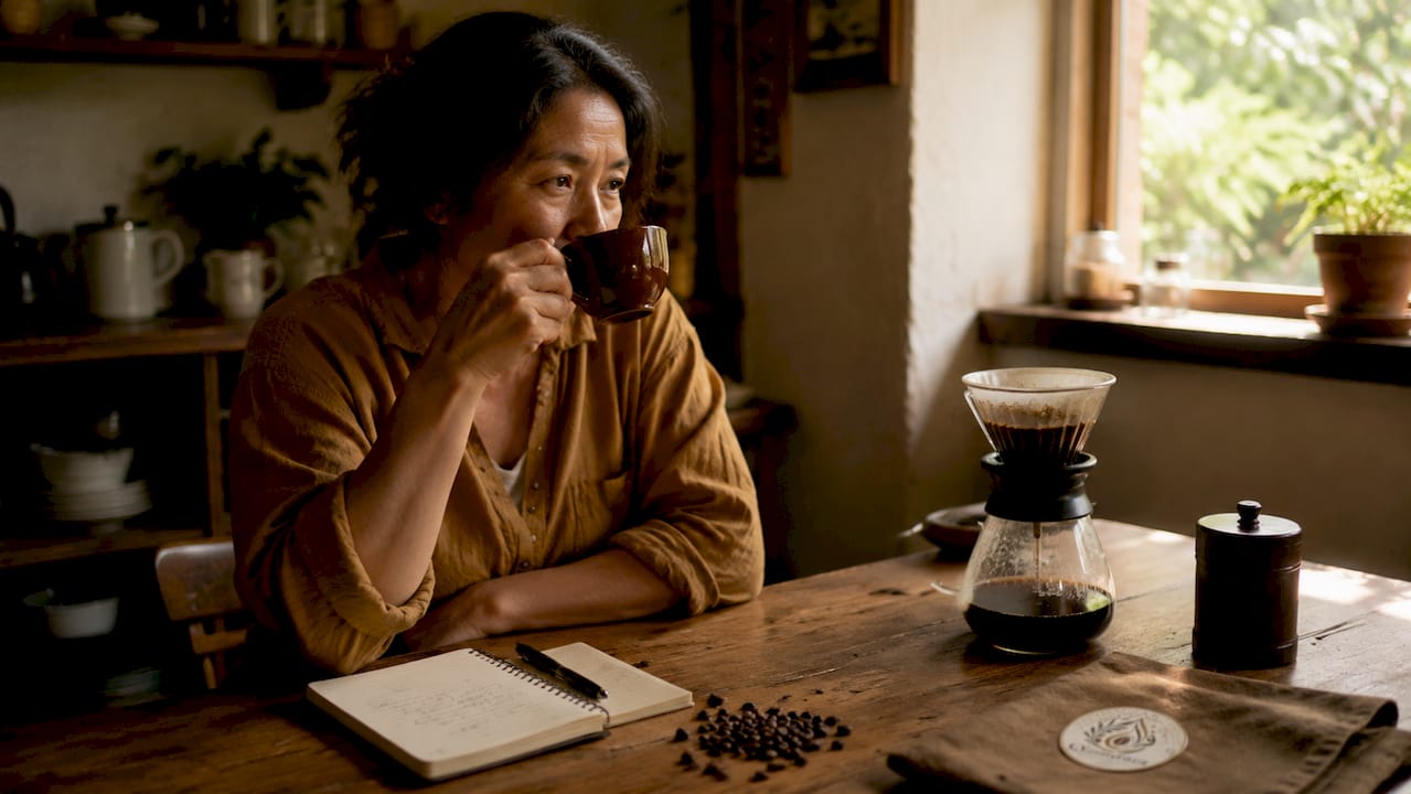 Home brewer tasting coffee at kitchen counter