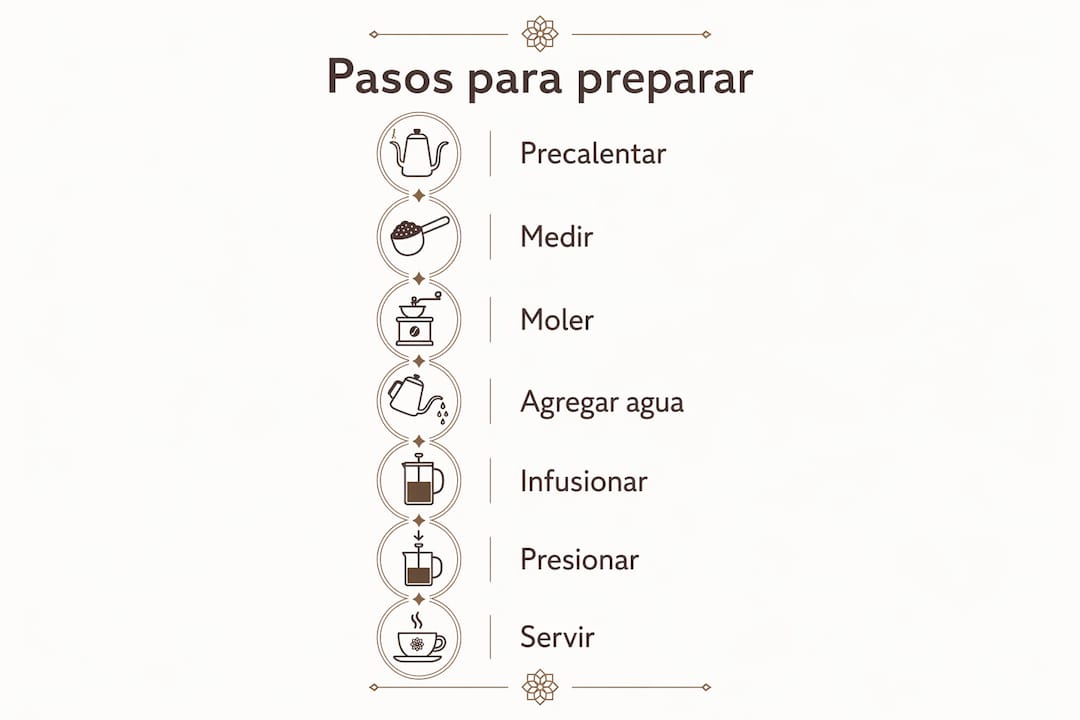 Guía visual con los pasos clave para preparar café en una prensa francesa