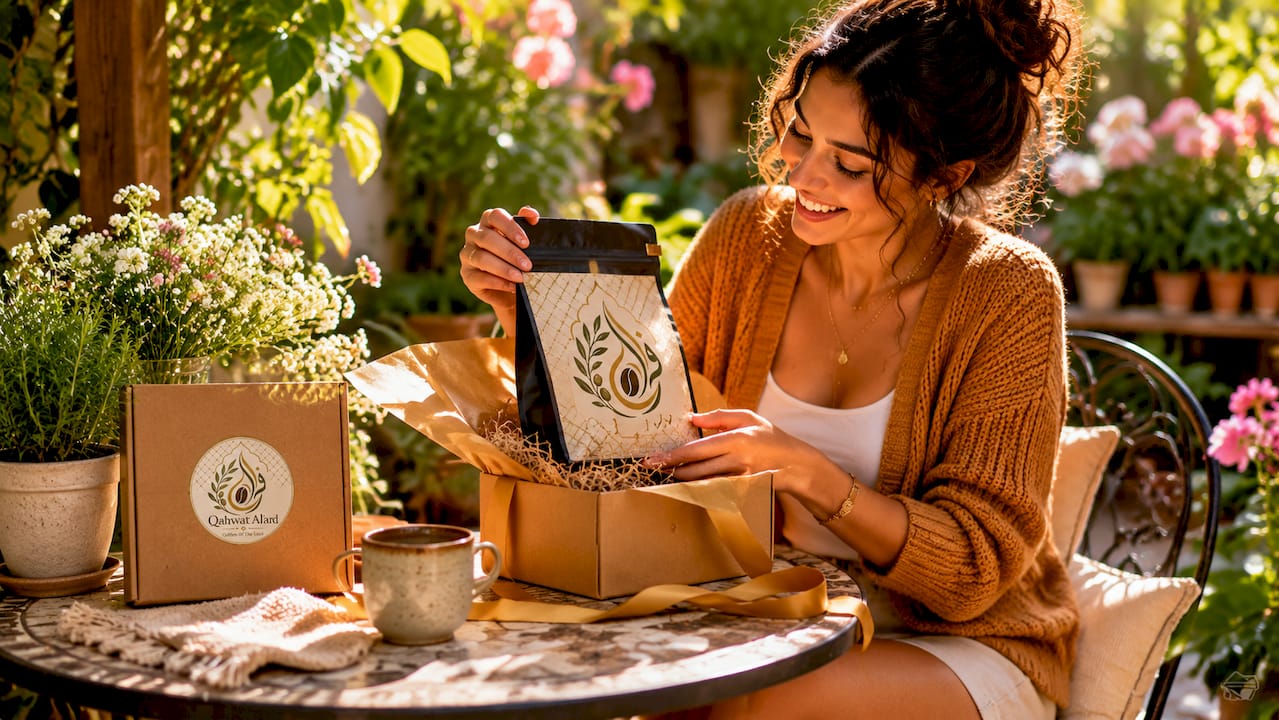 Person opening coffee gift enthusiastically indoors