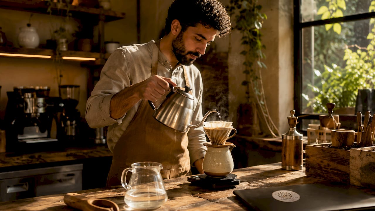 Barista pouring water over ground coffee in pour-over