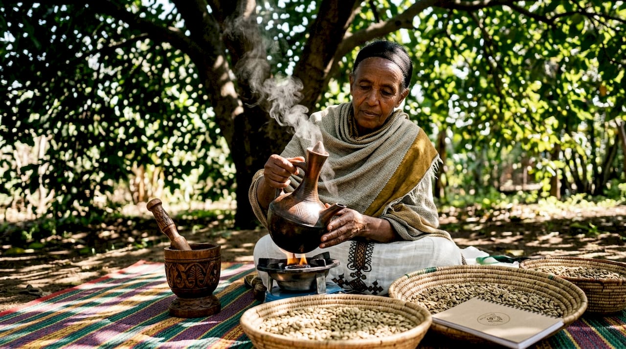 Ethiopian woman brewing coffee with jebena pot outdoors