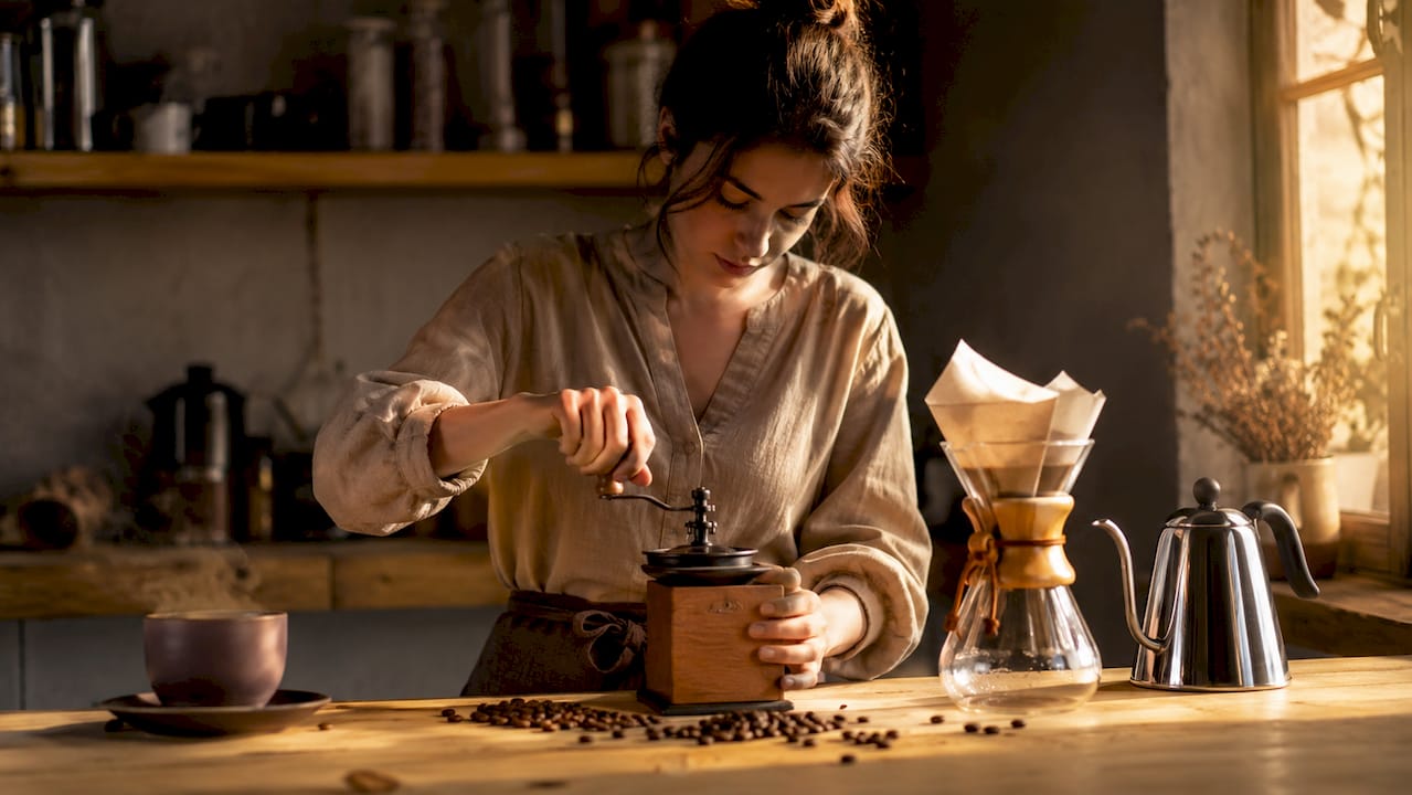 Manos preparando café molido junto a una cafetera de filtro