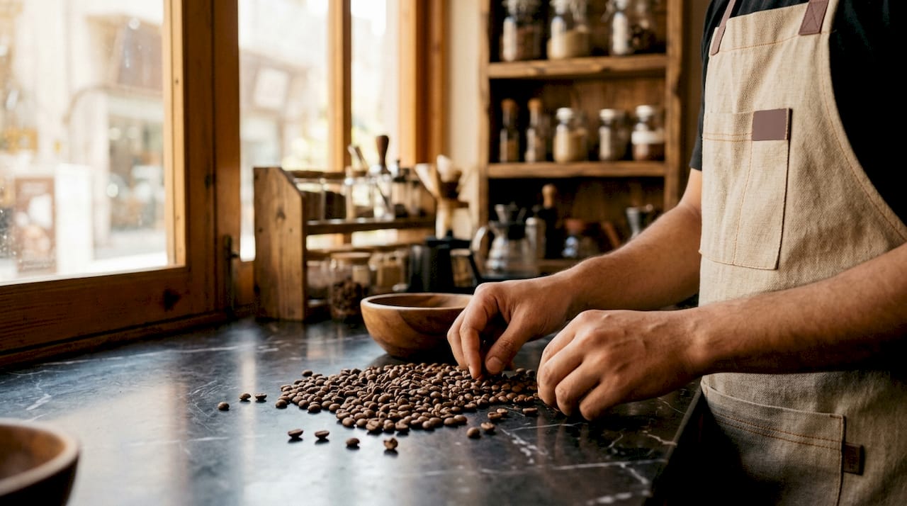Unas manos eligen cuidadosamente los mejores granos de café recién tostados.