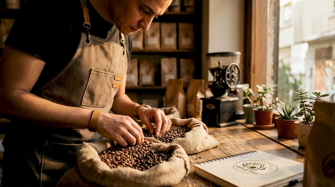 Coffee expert selecting specialty coffee beans