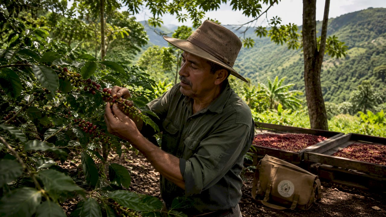 Farmer inspecting coffee cherries on sustainable farm