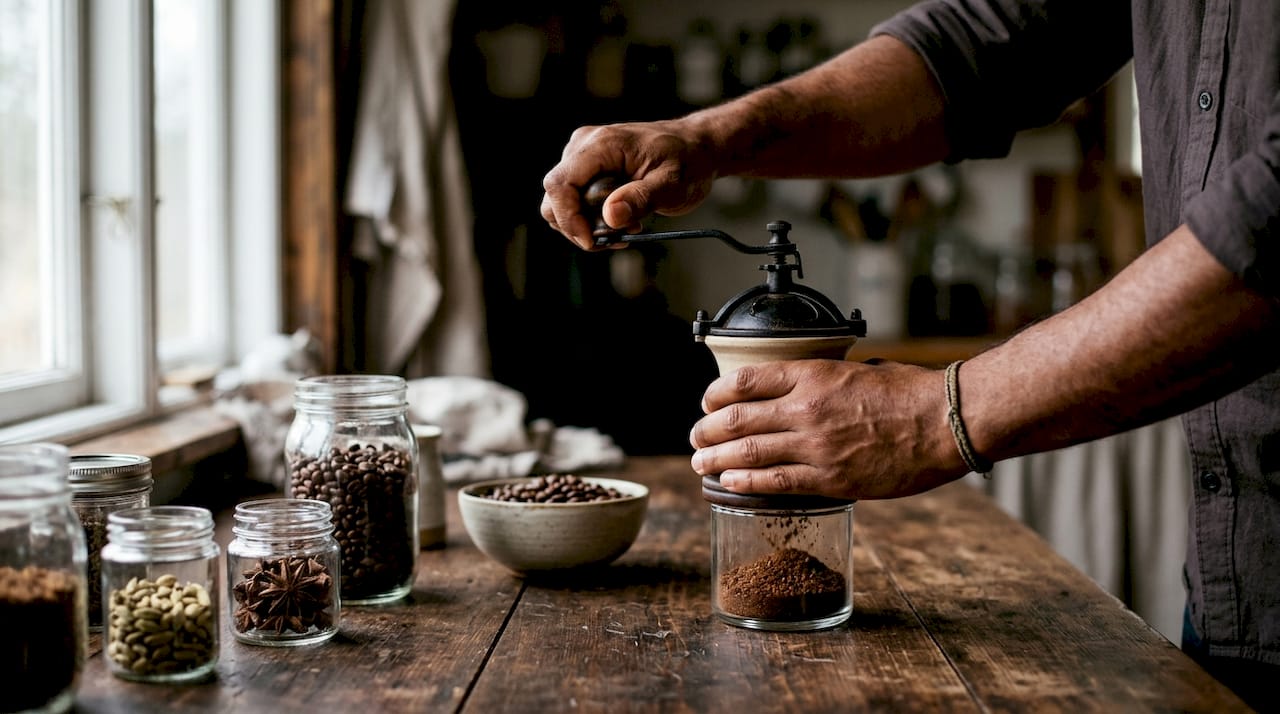 Unas manos giran el molinillo de café, disfrutando del aroma que se desprende al moler los granos a mano.