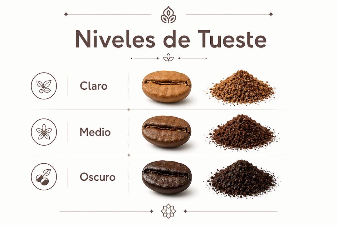 Guía visual sobre los diferentes grados de tostado del café y sus aromas característicos