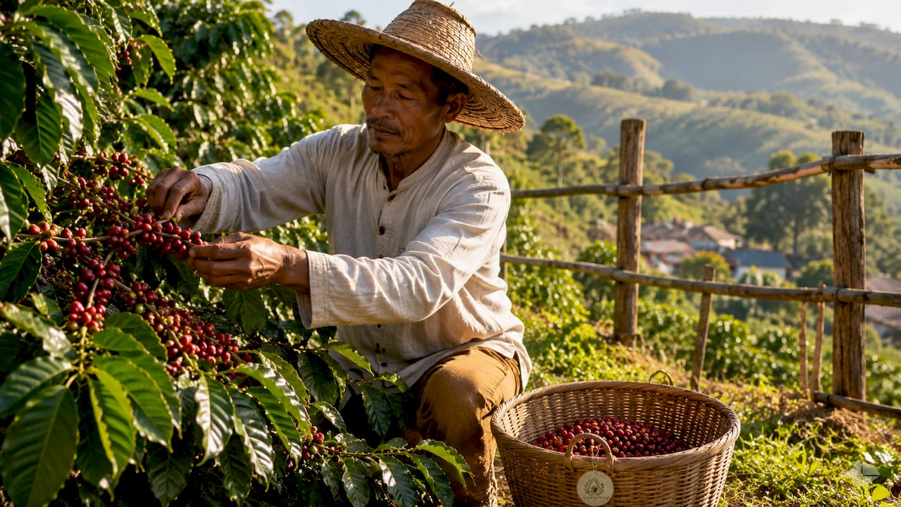 Coffee farmer hand-picking ripe cherries outdoors