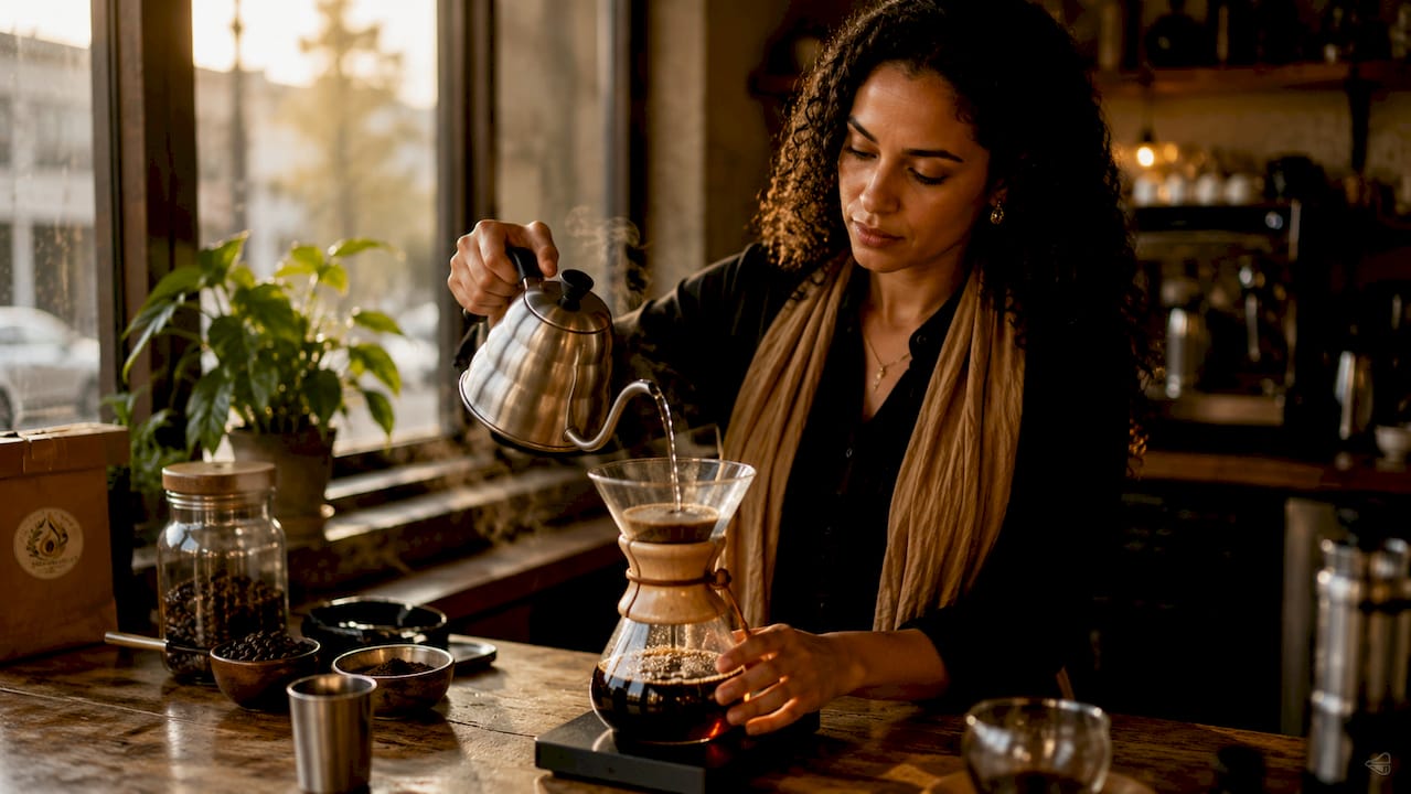 Close-up of coffee bloom during Chemex brewing