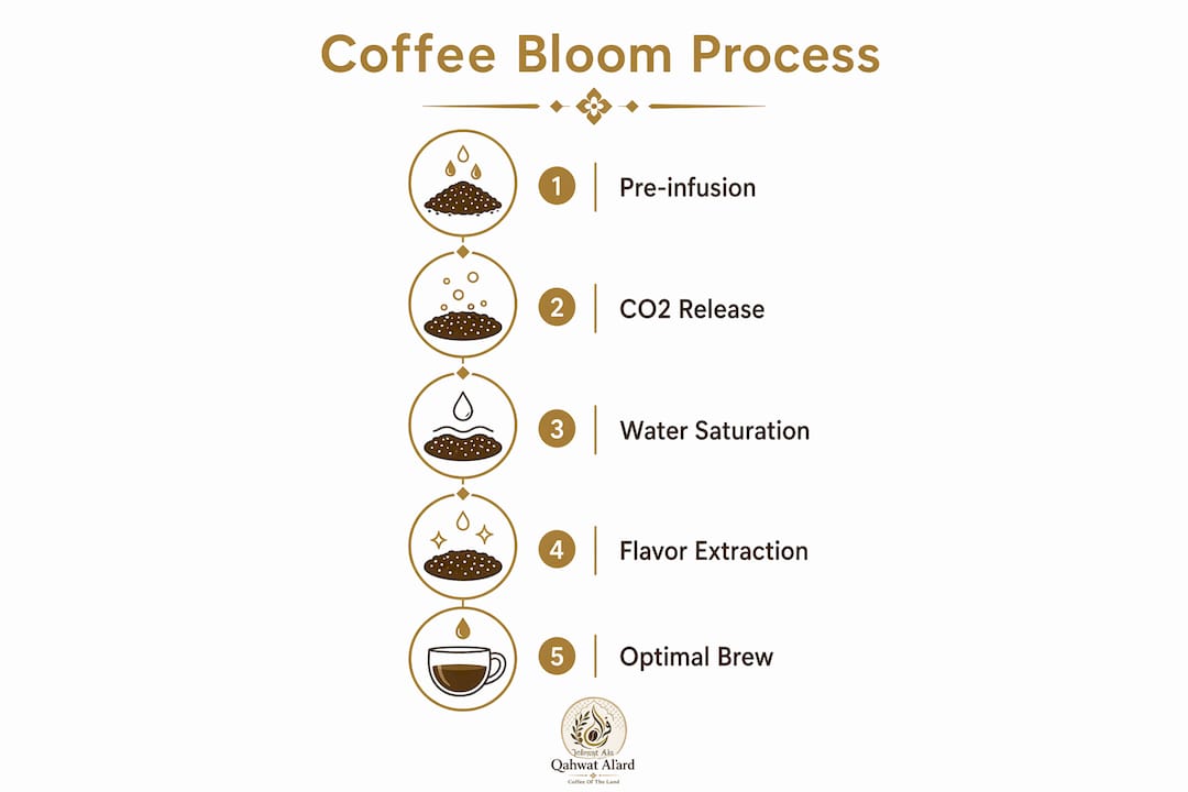 Infographic showing coffee bloom process and key effects