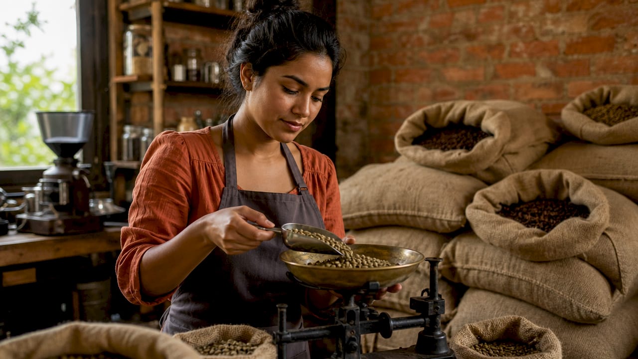 Manos seleccionando y pesando granos de café en un tostador artesanal