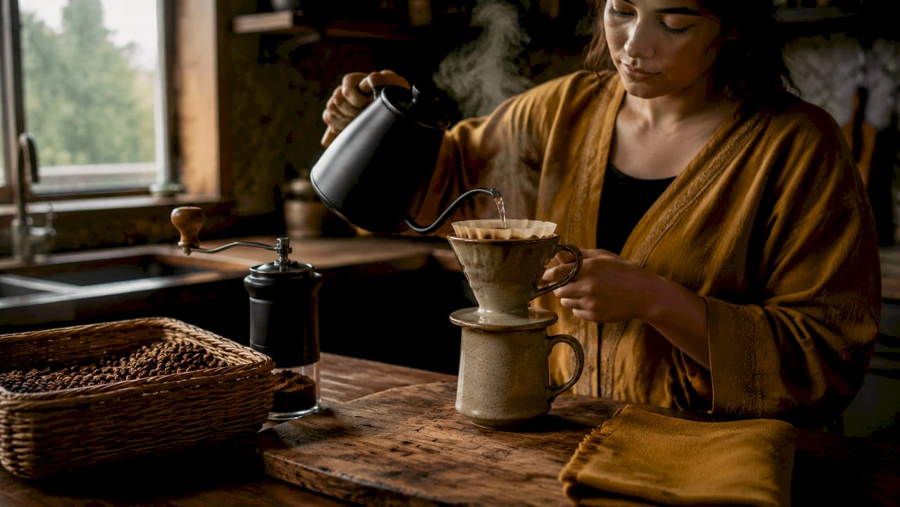 Woman brewing pour over coffee at kitchen counter